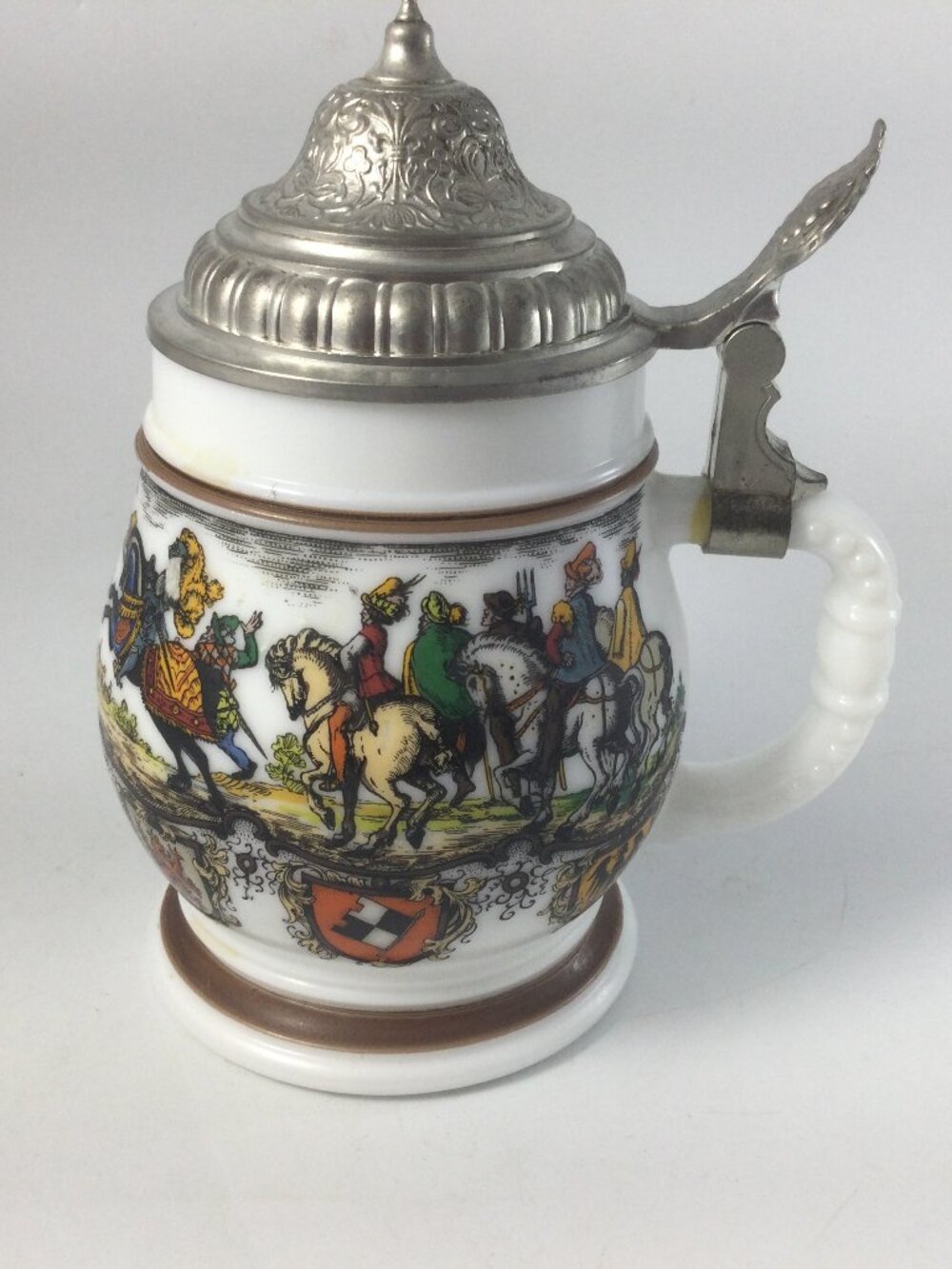 Vintage BMF Bierseildel Beer Stein Milk Glass Pewter Lid Knights Germany 7.5"H
